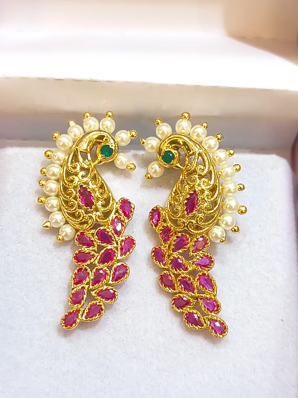 Gold_Pearl_And_Red_Stones_Earrings_For_Women