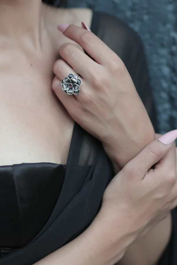 Silver_Sterling_Silver_Mogra_Red_Stone_Ring_For_Women