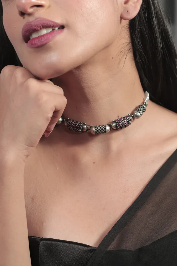 Silver_Sterling_Silver_Capsule_Jalli_Choker_Necklace_For_Women