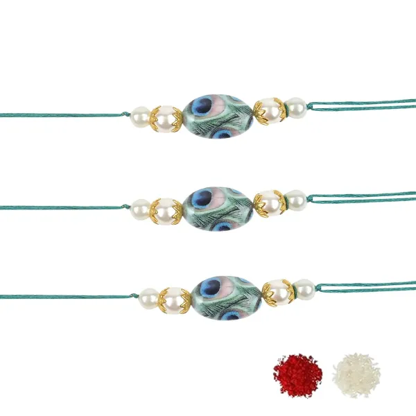 Beautiful_Peacock_Feather_Rakhi_with_Roli_Chawal_&_Card_(Pack_of_3)
