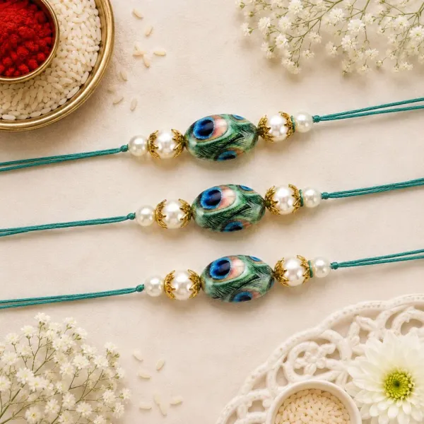 Beautiful_Peacock_Feather_Rakhi_with_Roli_Chawal_&_Card_(Pack_of_3)