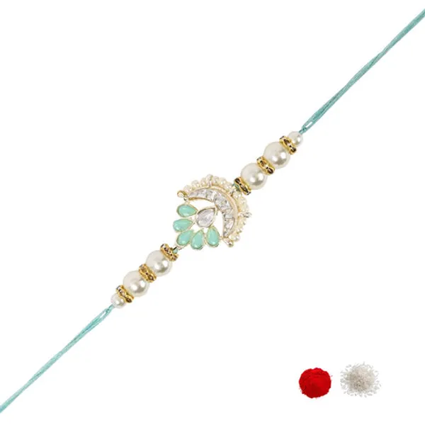 Delicate_Pearl_Beads_Mint_Rakhi_with_Roli_Chawal_&_Rakshabandhan_Card