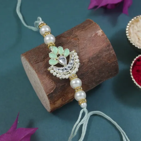 Delicate_Pearl_Beads_Mint_Rakhi_with_Roli_Chawal_&_Rakshabandhan_Card