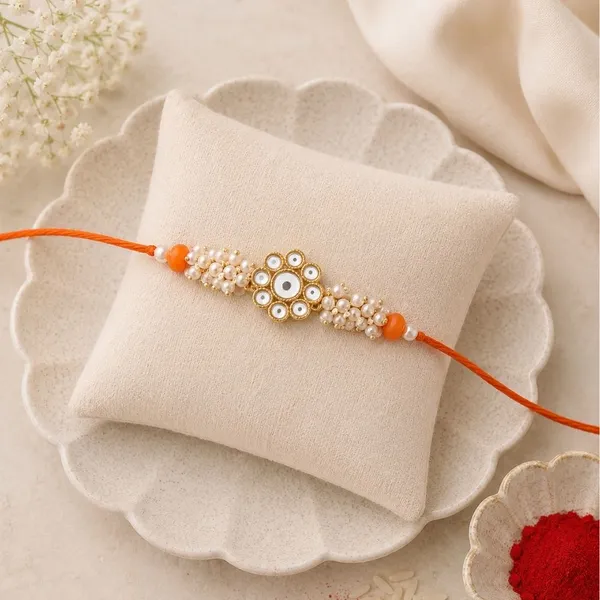 Orange_And_White_Thread_Beaded_Rakhi_For_Raksha_Bandhan_For_Brother