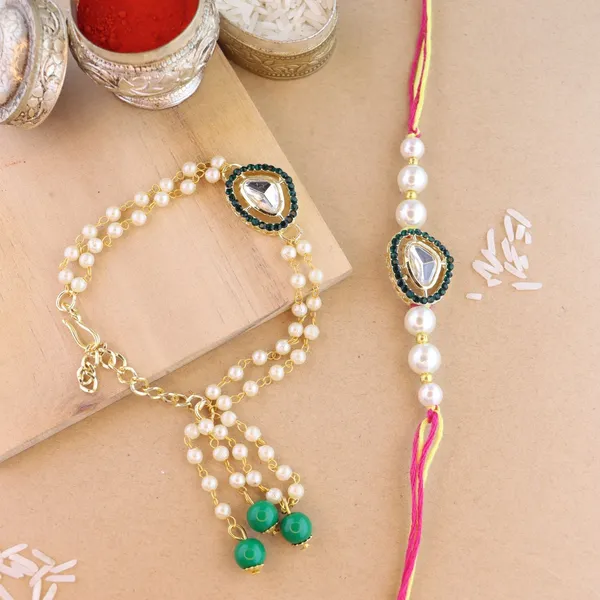 Elegant_Bhaiya_Bhabhi_Lumba_&_Pearl_Rakhi_With_Roli_Chawal_&_Card