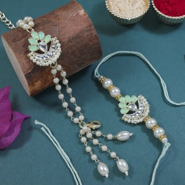 Elegant_Bhaiya_Bhabhi_Lumba_Pearl_Mint_Rakhi_With_Roli_Chawal_&Card