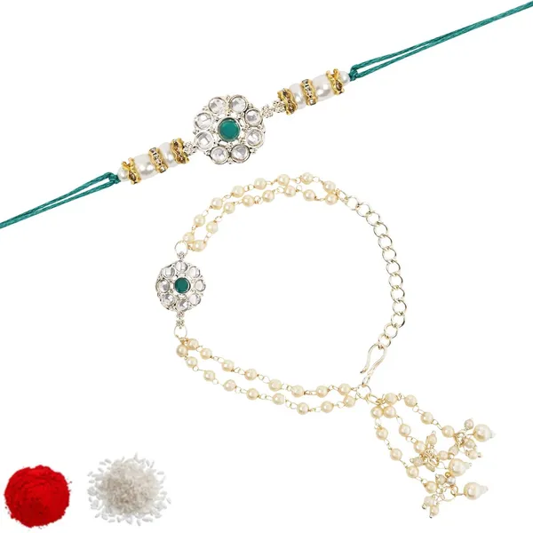 Elegant_Bhaiya_Bhabhi_Green_Lumba_&_Pearl_Rakhi_With_Roli_Chawal_&Card