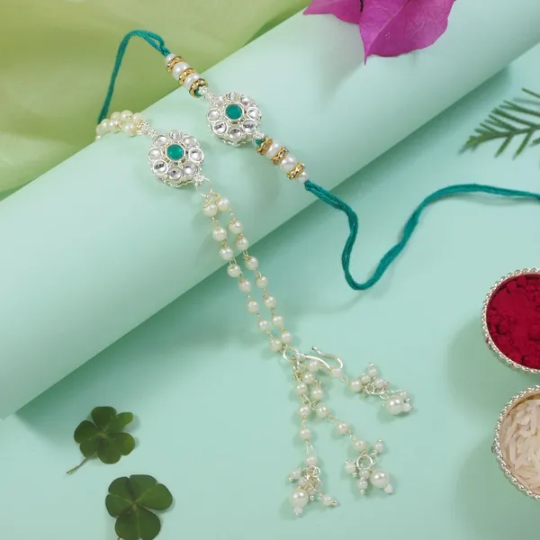 Elegant_Bhaiya_Bhabhi_Green_Lumba_&_Pearl_Rakhi_With_Roli_Chawal_&Card