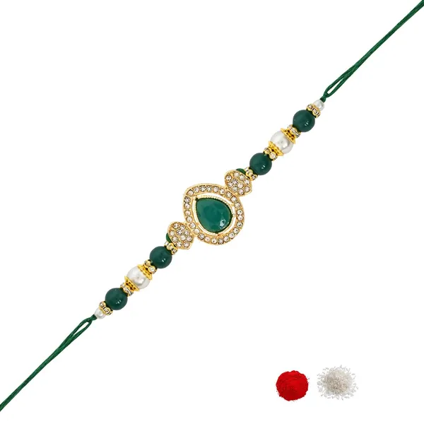 Delicate_Pearl_Beads_Green_Rakhi_with_Roli_Chawal_&_Rakshabandhan_Card