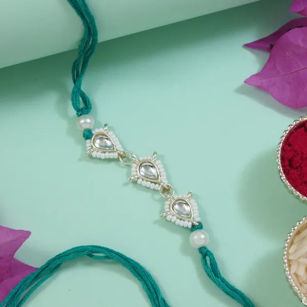 Delicate_Pearl_Beads_Green_Rakhi_with_Roli_Chawal_&_Rakshabandhan_Card