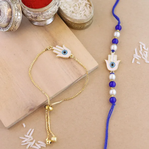 Hamsa_Shape_Enamel_Bhaiya_Bhabhi_Lumba_Bracelet_&_Rakhi_With_Roli_Chawal_&_Card