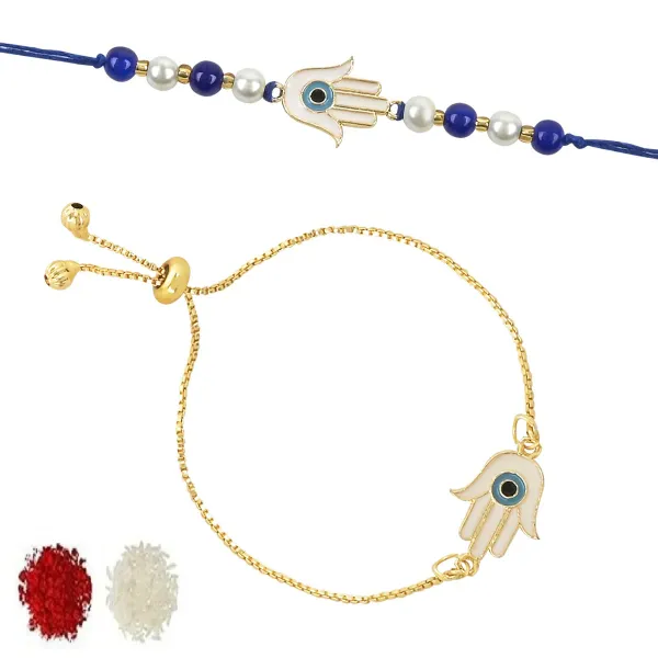 Hamsa_Shape_Enamel_Bhaiya_Bhabhi_Lumba_Bracelet_&_Rakhi_With_Roli_Chawal_&_Card