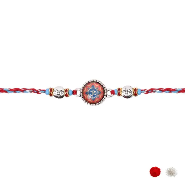 Enamel_Silver_Om_Rakhi_for_Bhai_-_Elegant_Design_with_Multicolour_Thread