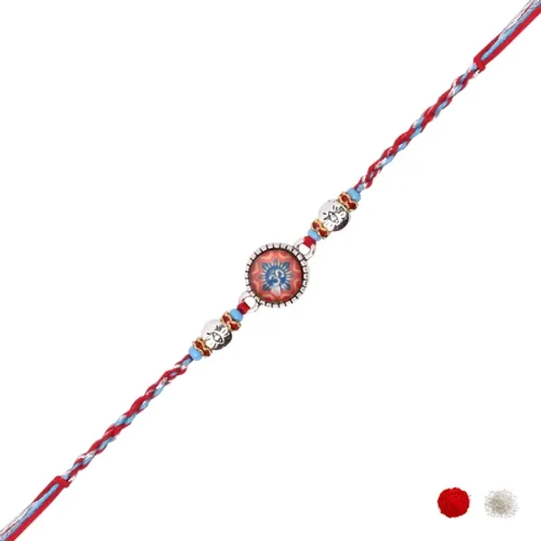 Enamel_Silver_Om_Rakhi_for_Bhai_-_Elegant_Design_with_Multicolour_Thread