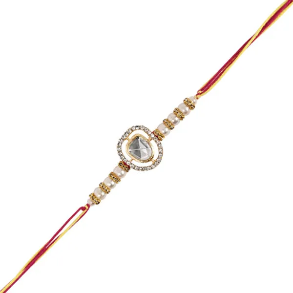White_Pearl_&_Kundan_Rakhi_&_Watch_Charm_Lumba_(Watch_Accesories)_Combo_With_Roli_Chawal_&_Rakshabandhan_Card