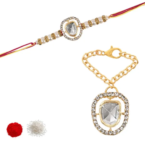 White_Pearl_&_Kundan_Rakhi_&_Watch_Charm_Lumba_(Watch_Accesories)_Combo_With_Roli_Chawal_&_Rakshabandhan_Card