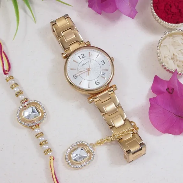 White_Pearl_&_Kundan_Rakhi_&_Watch_Charm_Lumba_(Watch_Accesories)_Combo_With_Roli_Chawal_&_Rakshabandhan_Card