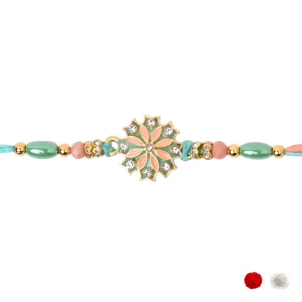 Elegant_Mint_Enamel_Floral_Rakhi_with_Roli_Chawal_&_Rakshabandhan_Card