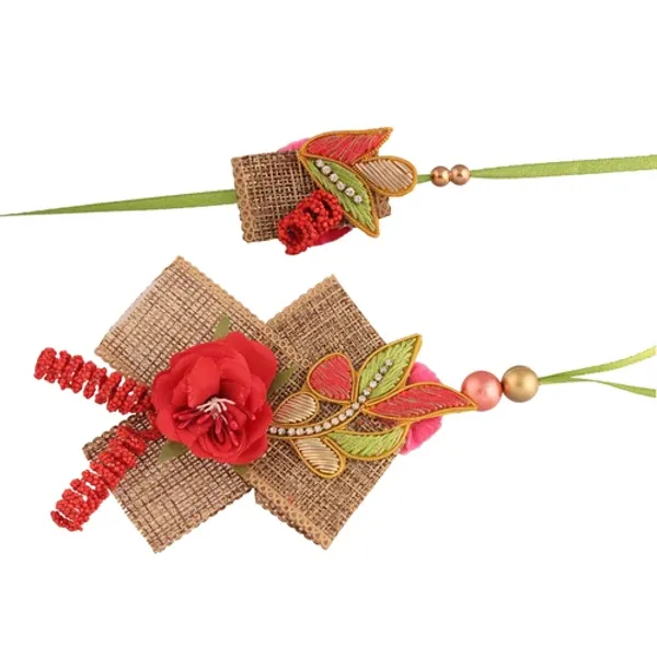 Red_Green_Pearl_Flower_Shaped_Bhaiya_Bhabhi_Rakhi_With_Roli_Chawal