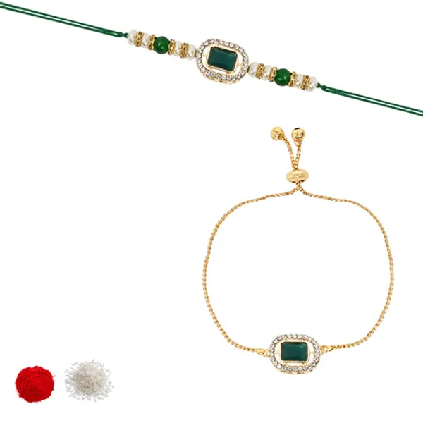 Designer_Bhaiya_Bhabhi_Green_Lumba_Bracelet_&_Rakhi_With_Roli_Chawal_&_Card
