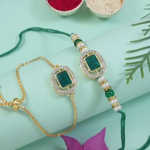 Designer_Bhaiya_Bhabhi_Green_Lumba_Bracelet_&_Rakhi_With_Roli_Chawal_&_Card