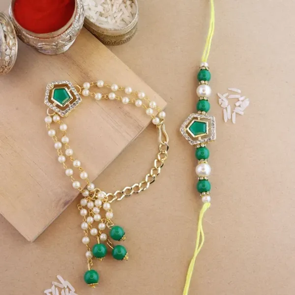 Elegant_Bhaiya_Bhabhi_Lumba_&_Pearl_Rakhi_With_Roli_Chawal_&_Card