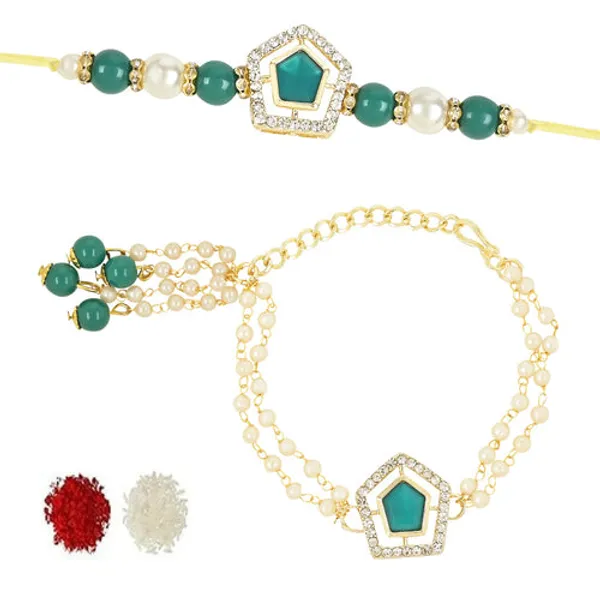 Elegant_Bhaiya_Bhabhi_Lumba_&_Pearl_Rakhi_With_Roli_Chawal_&_Card