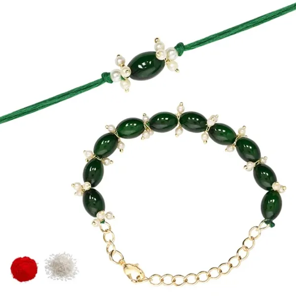 Elegant_Bhaiya_Bhabhi_Green_Lumba_&_Pearl_Rakhi_With_Roli_Chawal_&Card