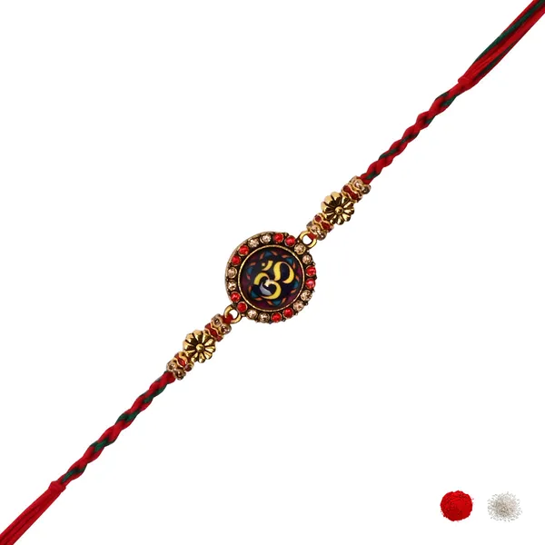 Enamel_Om_Rakhi_For_Bhai_-_Religious_Design_with_Roli_Chawal_&_Card