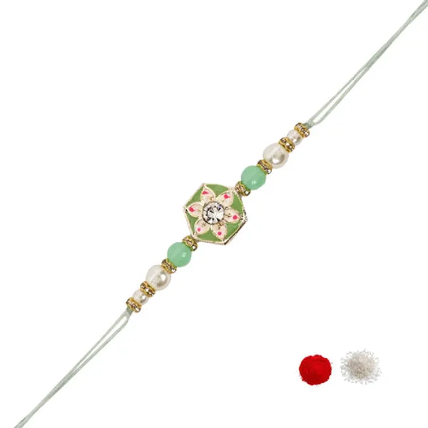 Delicate_Pearl_Beads_Mint_Rakhi_with_Roli_Chawal_&_Rakshabandhan_Card