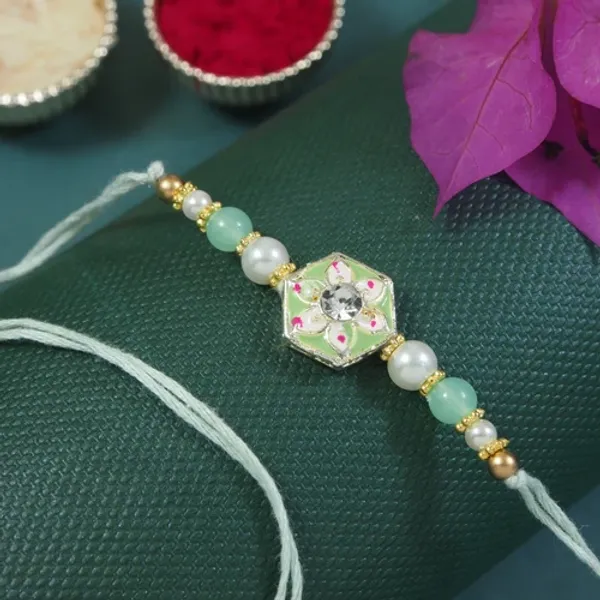 Delicate_Pearl_Beads_Mint_Rakhi_with_Roli_Chawal_&_Rakshabandhan_Card