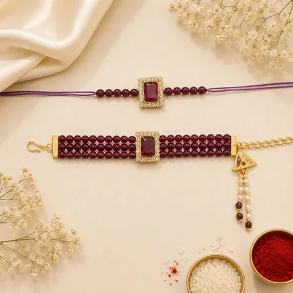 Elegant_Bhaiya_Bhabhi_Lumba_&_Pearl_Rakhi_With_Roli_Chawal_&_Card