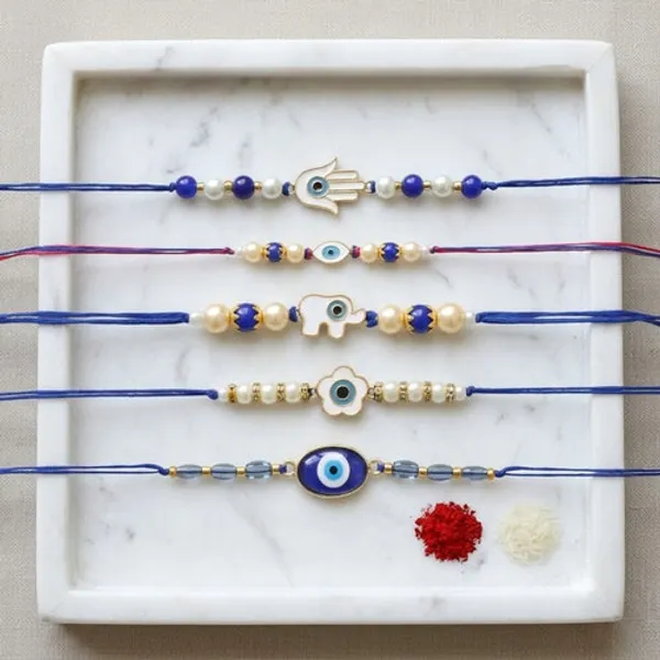 Combo_Enamel_Pearl_Bhaiya_Rakhi_With_Roli_Chawal_&_Card_(Pack_of_5)