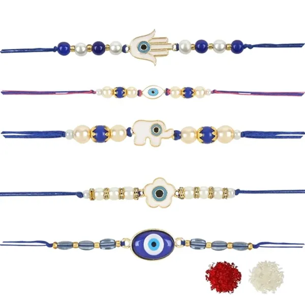 Combo_Enamel_Pearl_Bhaiya_Rakhi_With_Roli_Chawal_&_Card_(Pack_of_5)