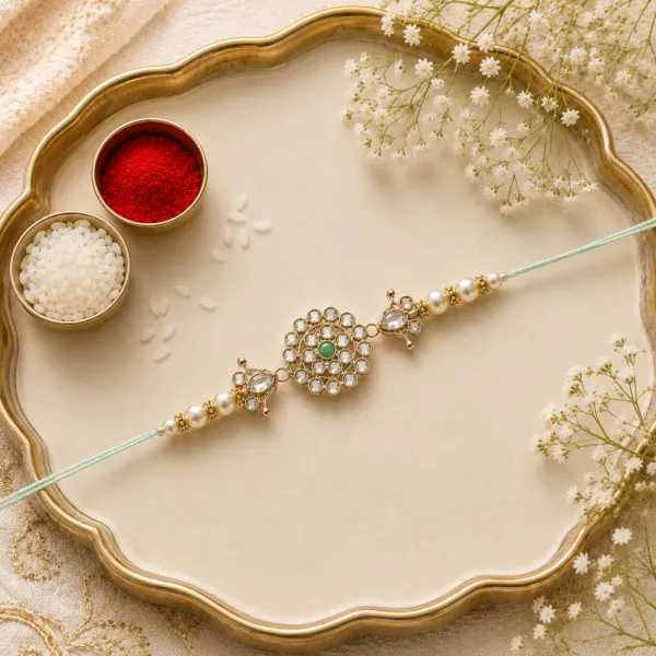 Delicate_Pearl_Beads_Mint_Rakhi_with_Roli_Chawal_&_Rakshabandhan_Card