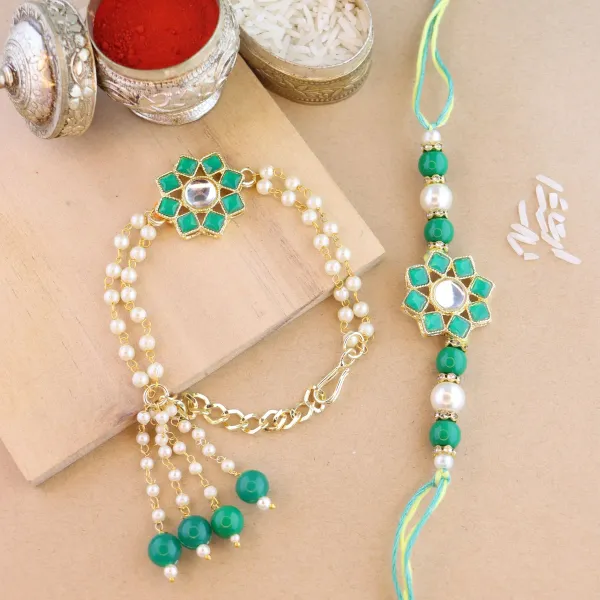 Elegant_Bhaiya_Bhabhi_Lumba_&_Pearl_Rakhi_With_Roli_Chawal_&_Card
