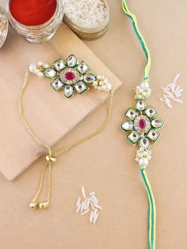 Elegant_Bhaiya_Bhabhi_Lumba_&_Pearl_Rakhi_With_Roli_Chawal_&_Card