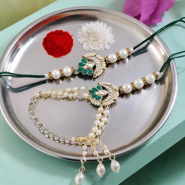 White_And_Green_Thread_Beaded_Rakhi_For_Raksha_Bandhan_For_Bhaiya_And_Bhabhi