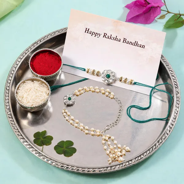 Elegant_Bhaiya_Bhabhi_Green_Lumba_&_Pearl_Rakhi_With_Roli_Chawal_&Card