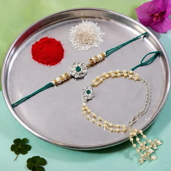 Elegant_Bhaiya_Bhabhi_Green_Lumba_&_Pearl_Rakhi_With_Roli_Chawal_&Card