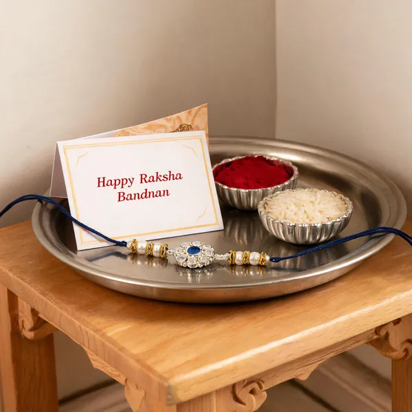 Delicate_Pearl_Beads_Blue_Rakhi_with_Roli_Chawal_&_Rakshabandhan_Card