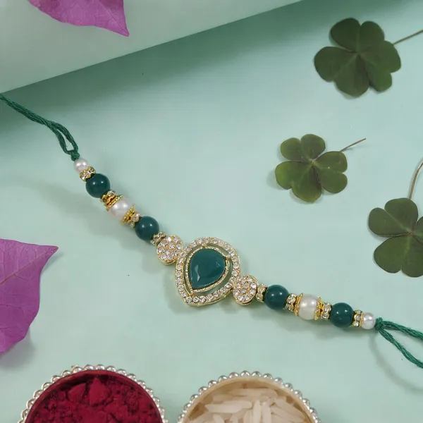 Delicate_Pearl_Beads_Green_Rakhi_with_Roli_Chawal_&_Rakshabandhan_Card