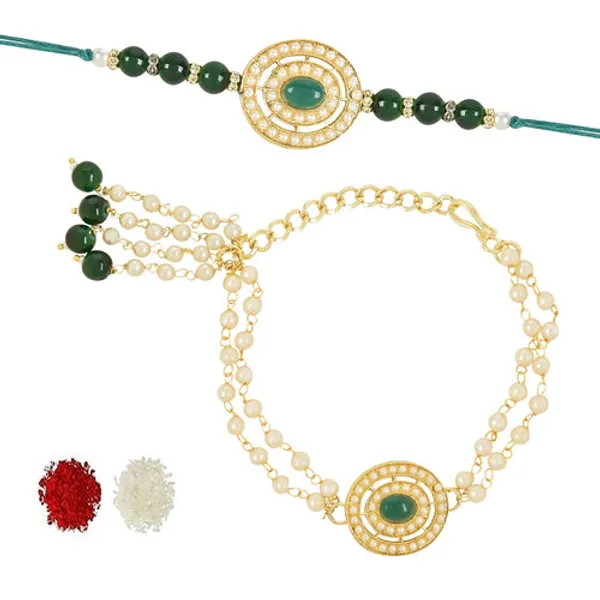 Elegant_Bhaiya_Bhabhi_Lumba_&_Pearl_Rakhi_With_Roli_Chawal_&_Card