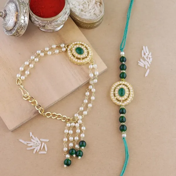 Elegant_Bhaiya_Bhabhi_Lumba_&_Pearl_Rakhi_With_Roli_Chawal_&_Card