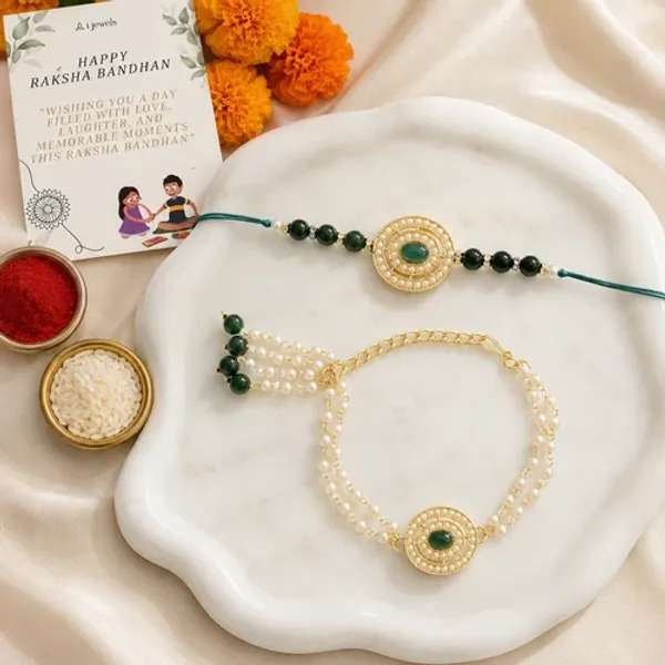 Elegant_Bhaiya_Bhabhi_Lumba_&_Pearl_Rakhi_With_Roli_Chawal_&_Card