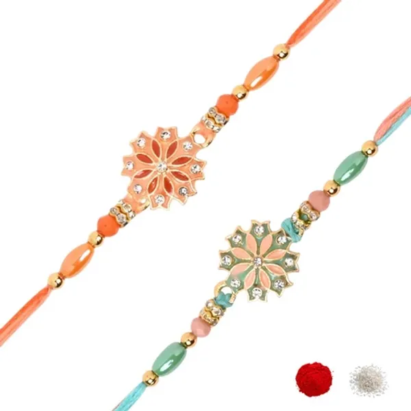 Enamel_Designer_Rakhi_Combo_for_Bhai_-_Mint_&_Orange_Thread_with_Roli_Chawal