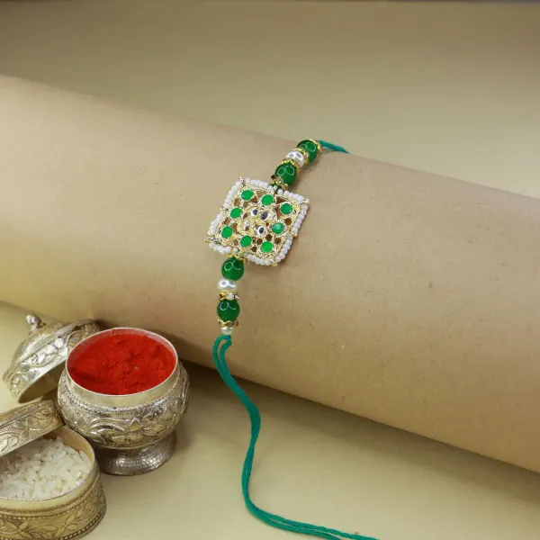 White_And_Green_Thread_Beaded_Rakhi_For_Raksha_Bandhan_For_Brother