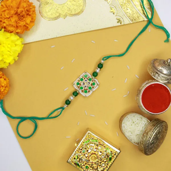 White_And_Green_Thread_Beaded_Rakhi_For_Raksha_Bandhan_For_Brother