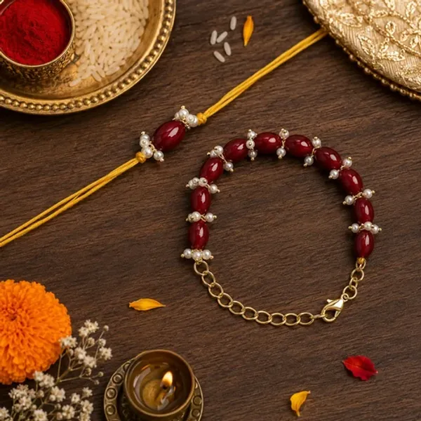 Elegant_Bhaiya_Bhabhi_Maroon_Lumba_Pearl_&_Rakhi_With_Roli_Chawal_&Card