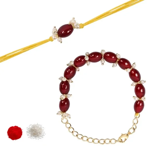 Elegant_Bhaiya_Bhabhi_Maroon_Lumba_Pearl_&_Rakhi_With_Roli_Chawal_&Card